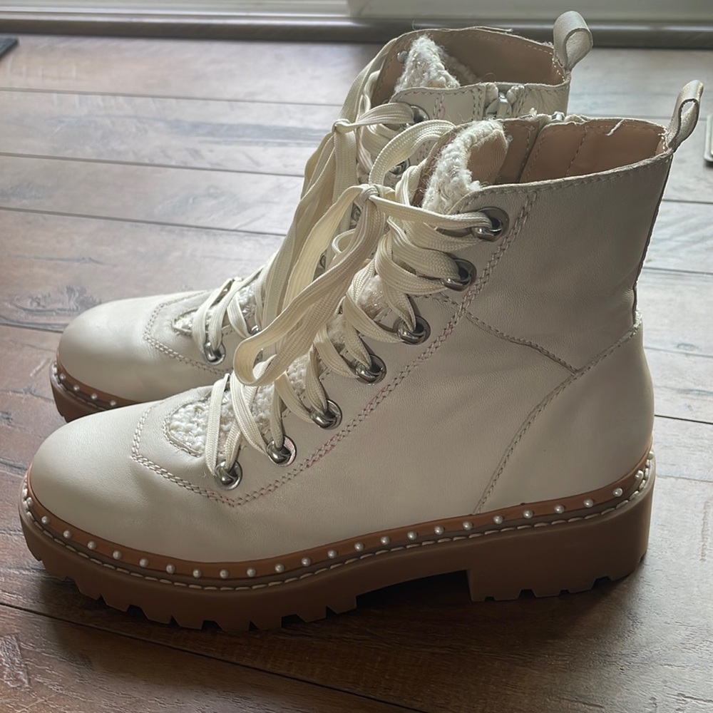 Steve Madden Rainier leather chunky block heel moto combat boots bone size 10